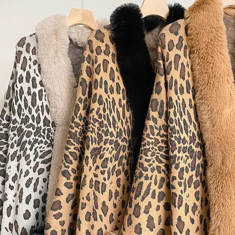 Women Leopard Print Faux Fur Collar Shawl Poncho Jacquard Knitted Cape Cardigan Irregular Warm Winter Wrap Outerwear