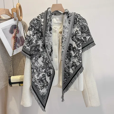 Vintage Toile-De-Jouy Schal Für Damen Winter Warm Kaschmir-Ähnlich Schal Mit Quasten Dschungeltiere Landschaftsdruck Große Tücher