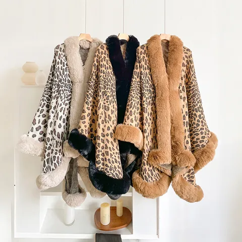 Women Leopard Print Faux Fur Collar Shawl Poncho Jacquard Knitted Cape Cardigan Irregular Warm Winter Wrap Outerwear