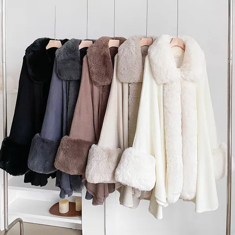 Luxury Women Faux Fur Trim Cape Coat Autumn Winter Warm Oversized Shawl Cloak Jacket Elegant Plush Collar Wrap Polyester