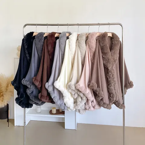 Damen Kunst-Rex-Kaninchenfell Kragen Poncho Schal Mittellang Einfarbig Locker Cape Mantel Elegant Winter Herbst Warmer Wickelschal