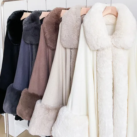 Luxury Women Faux Fur Trim Cape Coat Autumn Winter Warm Oversized Shawl Cloak Jacket Elegant Plush Collar Wrap Polyester