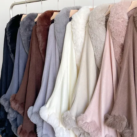 Damen Kunst-Rex-Kaninchenfell Kragen Poncho Schal Mittellang Einfarbig Locker Cape Mantel Elegant Winter Herbst Warmer Wickelschal