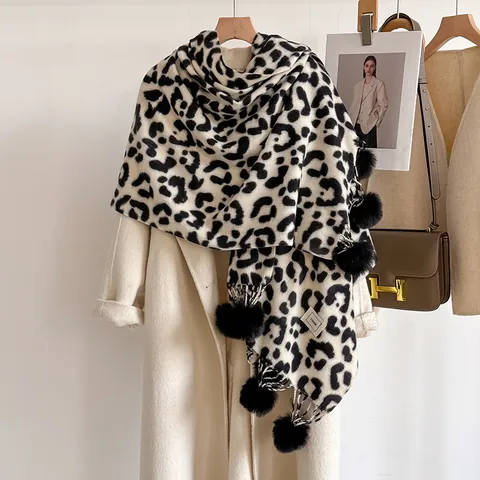Women Leopard Print Faux Cashmere Scarf Winter Warm Pashmina Shawl Soft Polyester Wrap With Pom Pom Tassels Versatile Neck Warmer