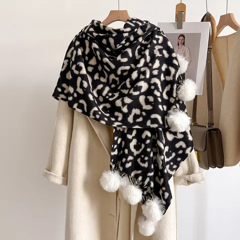 Women Leopard Print Faux Cashmere Scarf Winter Warm Pashmina Shawl Soft Polyester Wrap With Pom Pom Tassels Versatile Neck Warmer