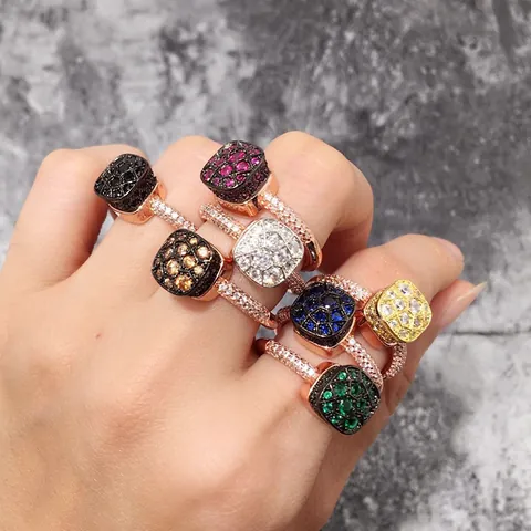 Anillo Cuadrado de Cobre con Zirconia de Panal para Mujer Joyería de Moda con Strass de Colores y Micro-Pavé