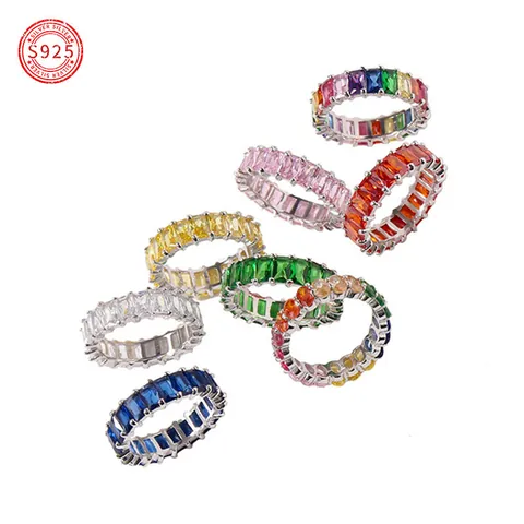 Elegant Copper Zirconia Eternity Ring For Women Baguette Cut Colorful Rainbow Joint Ring Fashion Stackable Finger Jewelry Gift