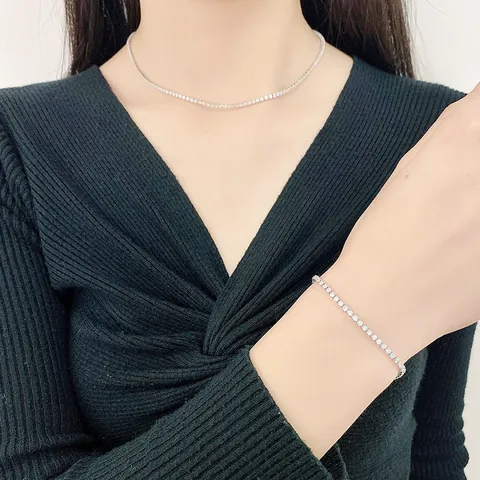 Luxury 18K Gold Plated Copper 2mm Zirconia Tennis Chain For Women Sparkling Row Diamond Bracelet And Necklace Jewelry
