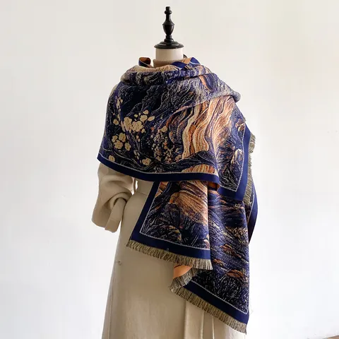 Damen Vintage Künstlerisch Ölgemälde Schal Dick Warm Polyester Kaschmir Ähnlich Schultertuch Mit Quasten Für Winter Herbst Elegant Floral Jacquard Wickeltuch