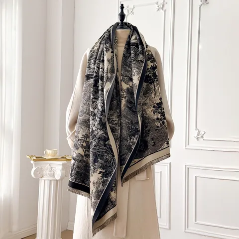 Toile de Jouy Print Scarf For Women Soft Imitation Cashmere Shawl Wrap With Tassel Winter Warm Floral Pattern Scarf