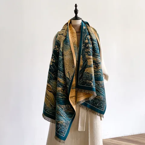 Damen Vintage Künstlerisch Ölgemälde Schal Dick Warm Polyester Kaschmir Ähnlich Schultertuch Mit Quasten Für Winter Herbst Elegant Floral Jacquard Wickeltuch