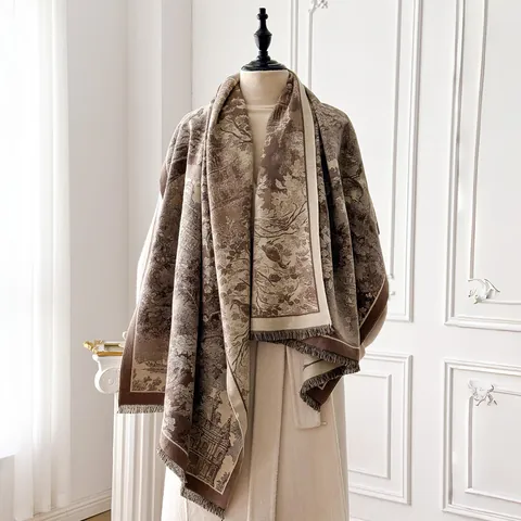 Toile de Jouy Print Scarf For Women Soft Imitation Cashmere Shawl Wrap With Tassel Winter Warm Floral Pattern Scarf