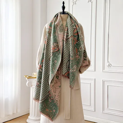 Sciarpa da Donna Vintage con Motivo Paisley e Pied de Poule Scialle Jacquard Doppia Faccia Calda con Frange Stile Etnico