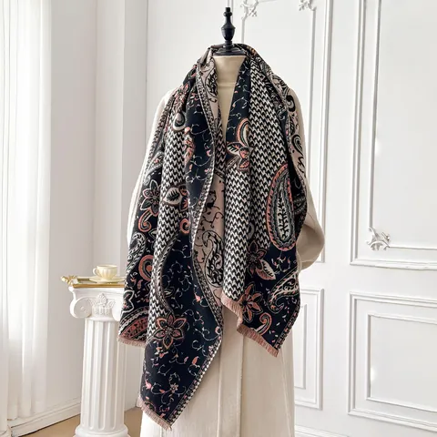 Sciarpa da Donna Vintage con Motivo Paisley e Pied de Poule Scialle Jacquard Doppia Faccia Calda con Frange Stile Etnico