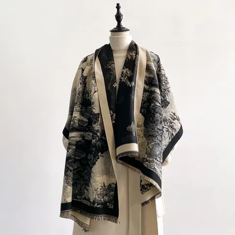 Women Elegant Imitation Cashmere Scarf Chinese Ink Wash Landscape Painting Large Shawl Winter Warm Soft Jacquard Tassel Pashmina Wrap Vintage Accessory