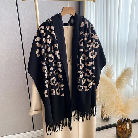 Écharpe Châle Femme Imprimé Léopard Brodé Vintage Imitation Cachemire Enveloppe Chaude Grande Avec Glands Style Ethnique Accessoire Hiver