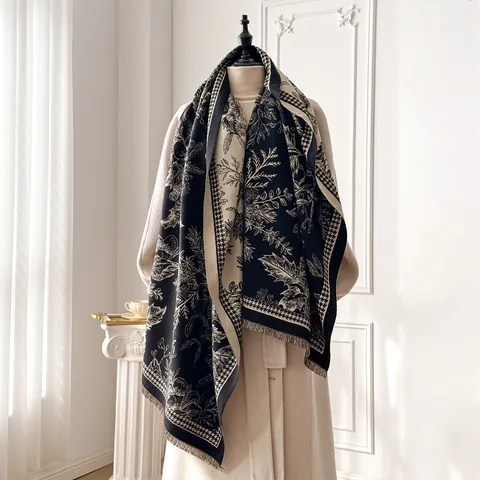 Vintage Botanical Floral Scarf Thick Warm Imitation Cashmere Shawl With Houndstooth Pattern And Tassels For Women Winter