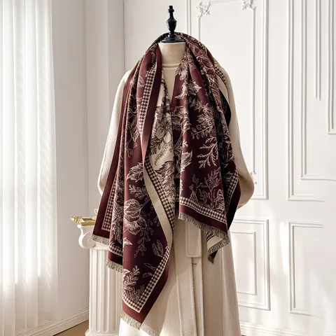 Vintage Botanical Floral Scarf Thick Warm Imitation Cashmere Shawl With Houndstooth Pattern And Tassels For Women Winter