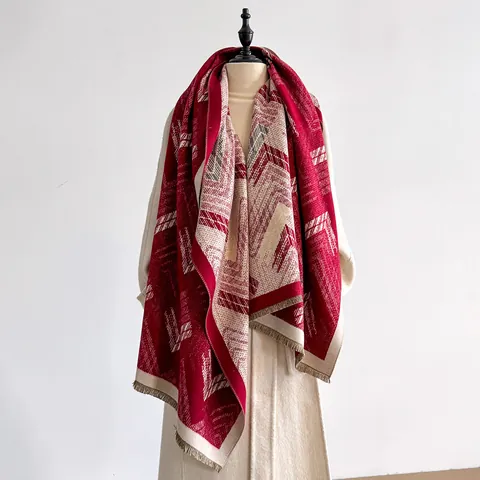 Damen Winter Warm Kaschmir Imitat Schal Großes Geometrisches Muster Schultertuch Mit Quasten Dick Polyester Pashmina