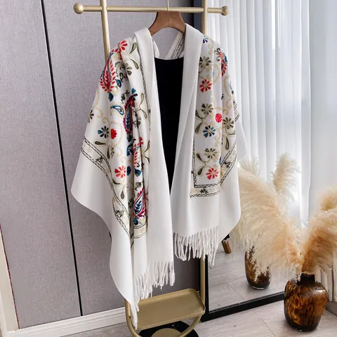 Women Ethnic Embroidered Scarf Shawl Imitation Cashmere Thickened Floral Paisley Tassel Fringe Winter Warm Vintage Wrap