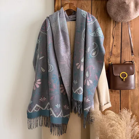 Sciarpa Donna Simil Cachemire Spessa Calda Bohemién Paisley Floreale Jacquard Scialle Con Nappine Vintage Etnico Invernale Wrap