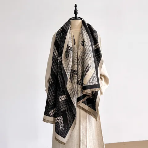 Damen Winter Warm Kaschmir Imitat Schal Großes Geometrisches Muster Schultertuch Mit Quasten Dick Polyester Pashmina