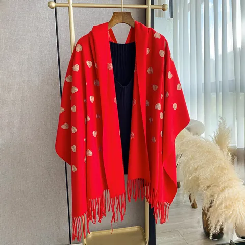 Women Heart Pattern Scarf Polyester Imitation Cashmere Large Shawl With Tassels Warm Winter Wrap For Lady Elegant Ethnic Style
