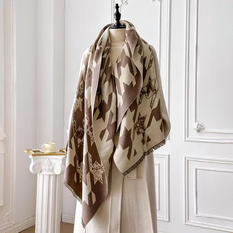 Sciarpa Vintage Britannica Pied de Poule per Donna Inverno Spesso Caldo Scialle in Imitazione Cashmere Con Motivo a Stella Geometrica e Nappine