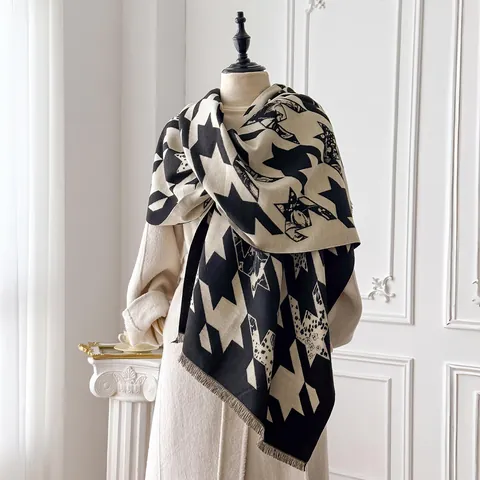 Sciarpa Vintage Britannica Pied de Poule per Donna Inverno Spesso Caldo Scialle in Imitazione Cashmere Con Motivo a Stella Geometrica e Nappine