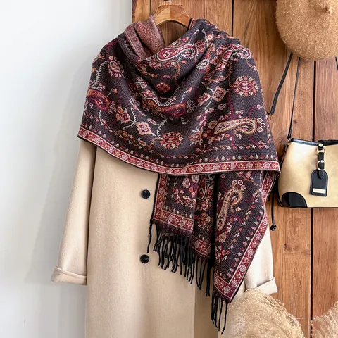 Vintage Ethnic Paisley Faux Cashmere Scarf For Women Soft Jacquard Warm Shawl Wrap With Tassels Fall Winter Poncho