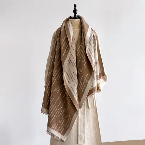 Écharpe Élégante en Polyester Imitation Cachemire pour Femmes Imprimé Lettres Abstrait Châle Chaud avec Gland Mode Hiver