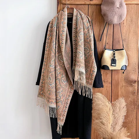 Vintage Paisley Jacquard Scarf For Women Ethnic Bohemian Large Shawl With Tassels Thickened Warm Winter Wrap Pashmina