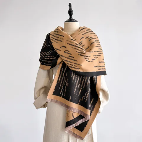 Écharpe Élégante en Polyester Imitation Cachemire pour Femmes Imprimé Lettres Abstrait Châle Chaud avec Gland Mode Hiver