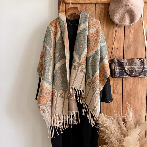 Damen Böhmisch Paisley Schal Dick Kaschmirähnlich Quaste Schultertuch Vintage Ethnisch Jacquard Warm Winter Großes Wrap