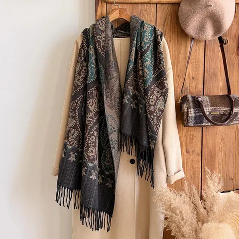 Damen Böhmisch Paisley Schal Dick Kaschmirähnlich Quaste Schultertuch Vintage Ethnisch Jacquard Warm Winter Großes Wrap