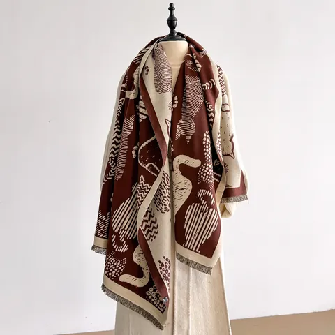 Abstract Cat Jacquard Shawl Scarf Winter Warm Imitation Cashmere Thick Wrap With Tassels For Women Fashion Accessory