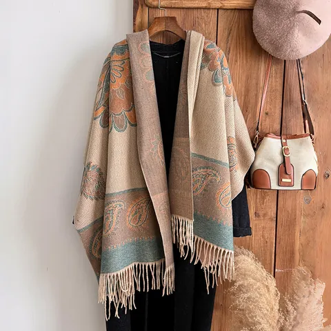 Women's Vintage Paisley Floral Scarf Shawl Polyester Warm Tassel Pashmina Wrap For Autumn Winter Ethnic Style Ladies Gift