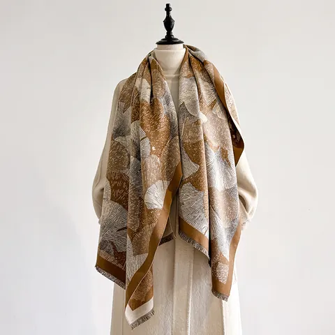 Bufanda Elegante con Patrón de Hoja de Ginkgo Chal Reversible de Tela Efecto Cachemira para Mujer Otoño Invierno Cálido Grueso con Borlas