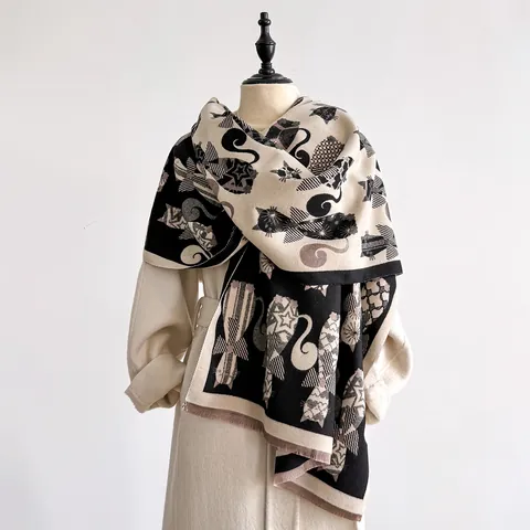 Damen Abstrakte Katze Jacquard Schal Kaschmir-Imitat Doppelseitig Warmes Schultertuch Mit Quasten Casual Herbst Winter Schal