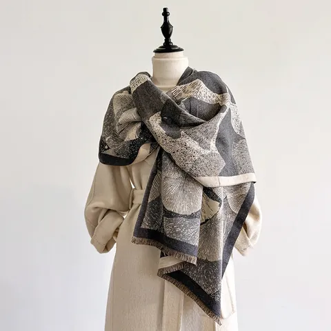 Bufanda Elegante con Patrón de Hoja de Ginkgo Chal Reversible de Tela Efecto Cachemira para Mujer Otoño Invierno Cálido Grueso con Borlas