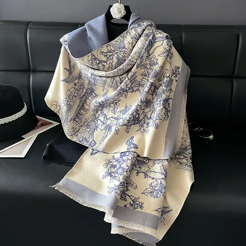 Vintage Toile De Jouy Imitation Cashmere Scarf For Women Soft Polyester Viscose Floral Tassel Shawl Warm Winter Wrap