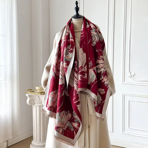 Sciarpa in Imitazione Cashmere Stile Cinese Vintage Con Motivo Giglio del Ragno Doppia Faccia Calda Sciarpa Invernale Donna