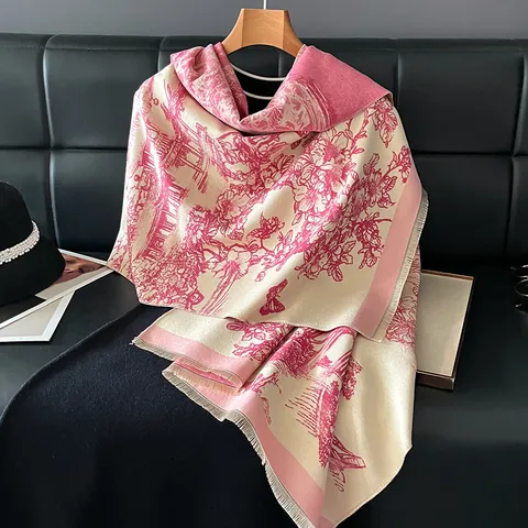 Vintage Toile De Jouy Imitation Cashmere Scarf For Women Soft Polyester Viscose Floral Tassel Shawl Warm Winter Wrap