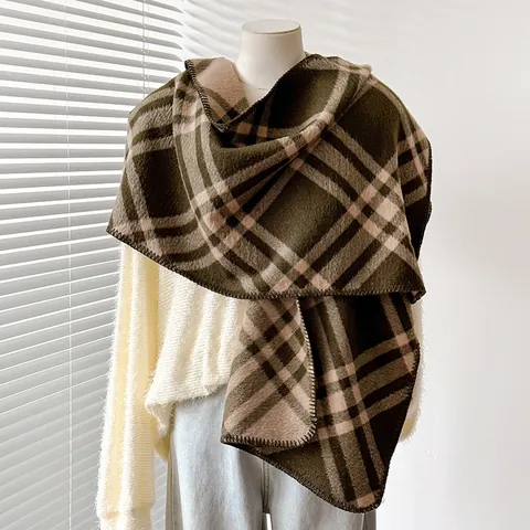 Women's Vintage Plaid Scarf Faux Cashmere Warm Winter Shawl Retro Checkered Wrap Thickened Soft Fashion Elegant Lady Scarf