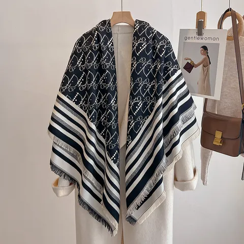 Women's Elegant Imitation Cashmere Scarf Large Square Shawl Jacquard Letter Paisley Pattern Warm Tassel Scarf For Winter