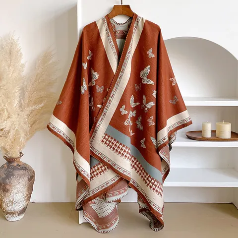 Scialle Mantello in Imitazione Cashmere con Motivo Etnico a Farfalla Pied-de-poule Doppia Faccia Ispessito Calda Sciarpa Invernale Donna
