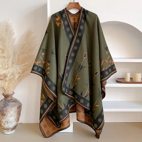 Damen Retro Ethnisch Blumenmuster Schal Umhang Vorne Offen Bohemian Kaschmir Imitat Cape Mit Quasten Geometrisches Muster Poncho
