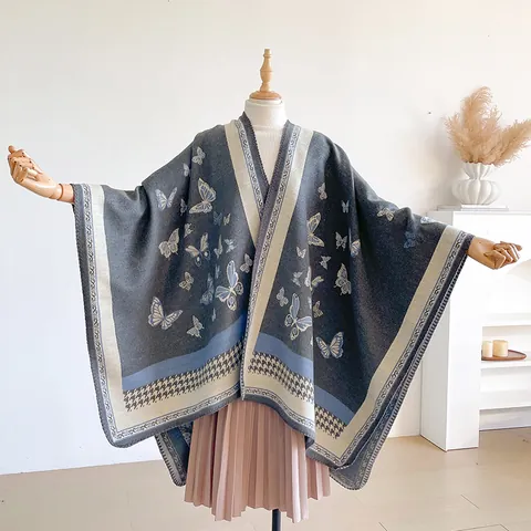 Scialle Mantello in Imitazione Cashmere con Motivo Etnico a Farfalla Pied-de-poule Doppia Faccia Ispessito Calda Sciarpa Invernale Donna