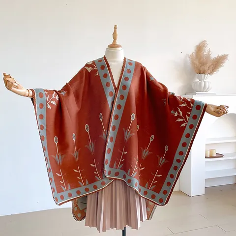 Damen Retro Ethnisch Blumenmuster Schal Umhang Vorne Offen Bohemian Kaschmir Imitat Cape Mit Quasten Geometrisches Muster Poncho