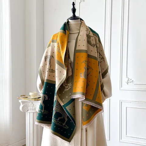 Dames Faux Kasjmier Sjaal Dik Warm Winter Omslagdoek Retro Ruiter Paard Patroon Patchwork Wikkel Met Kwastjes Elegant Zacht Halssjaal